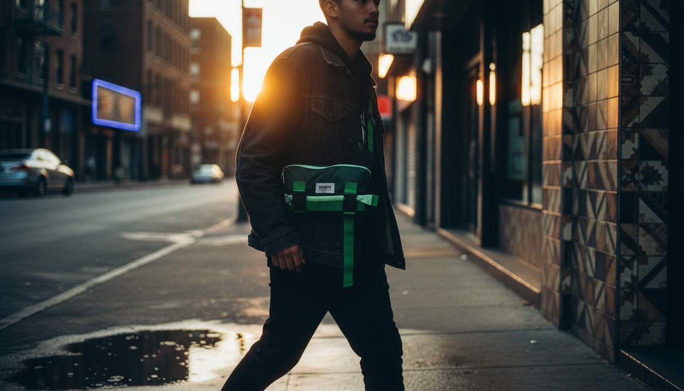 urban street scene showing a person wearing the same convertible bag as a crossbody, cinematic lighting