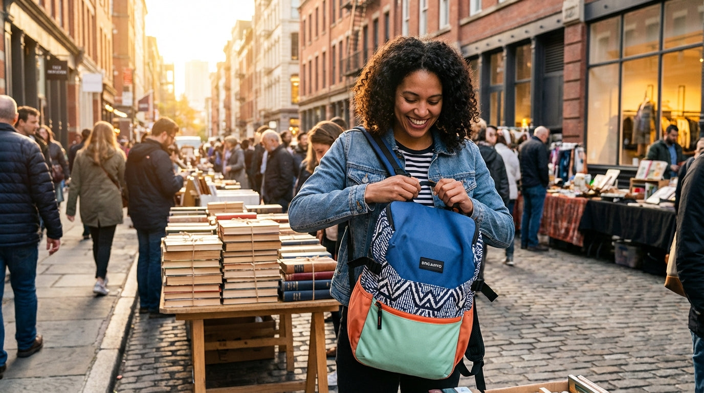 Woman in a crowded city street converting her Enganyo bag into a backpack.