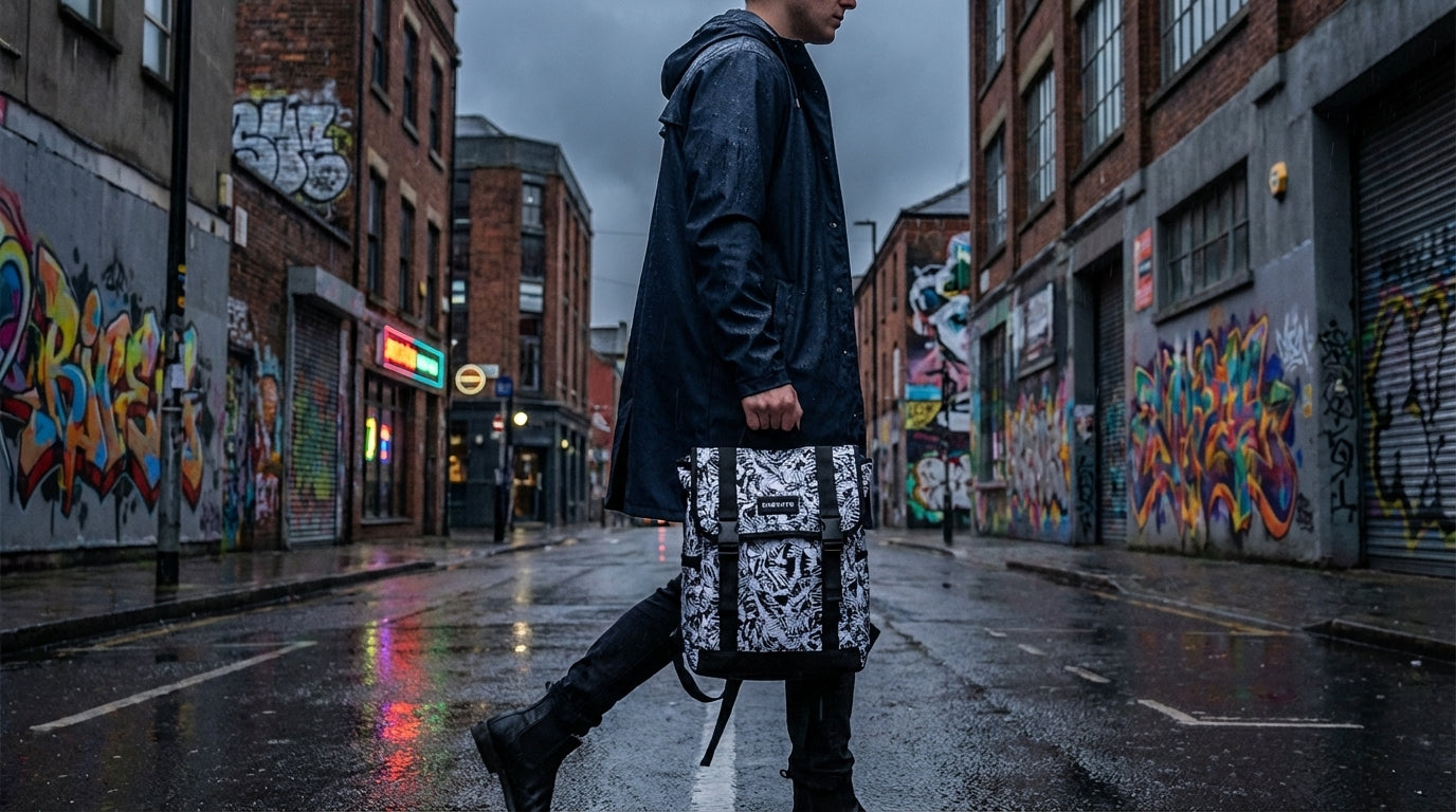 Person crossing a street, carrying a vibrant Enganyo Convertible Bag against a gray urban backdrop.
