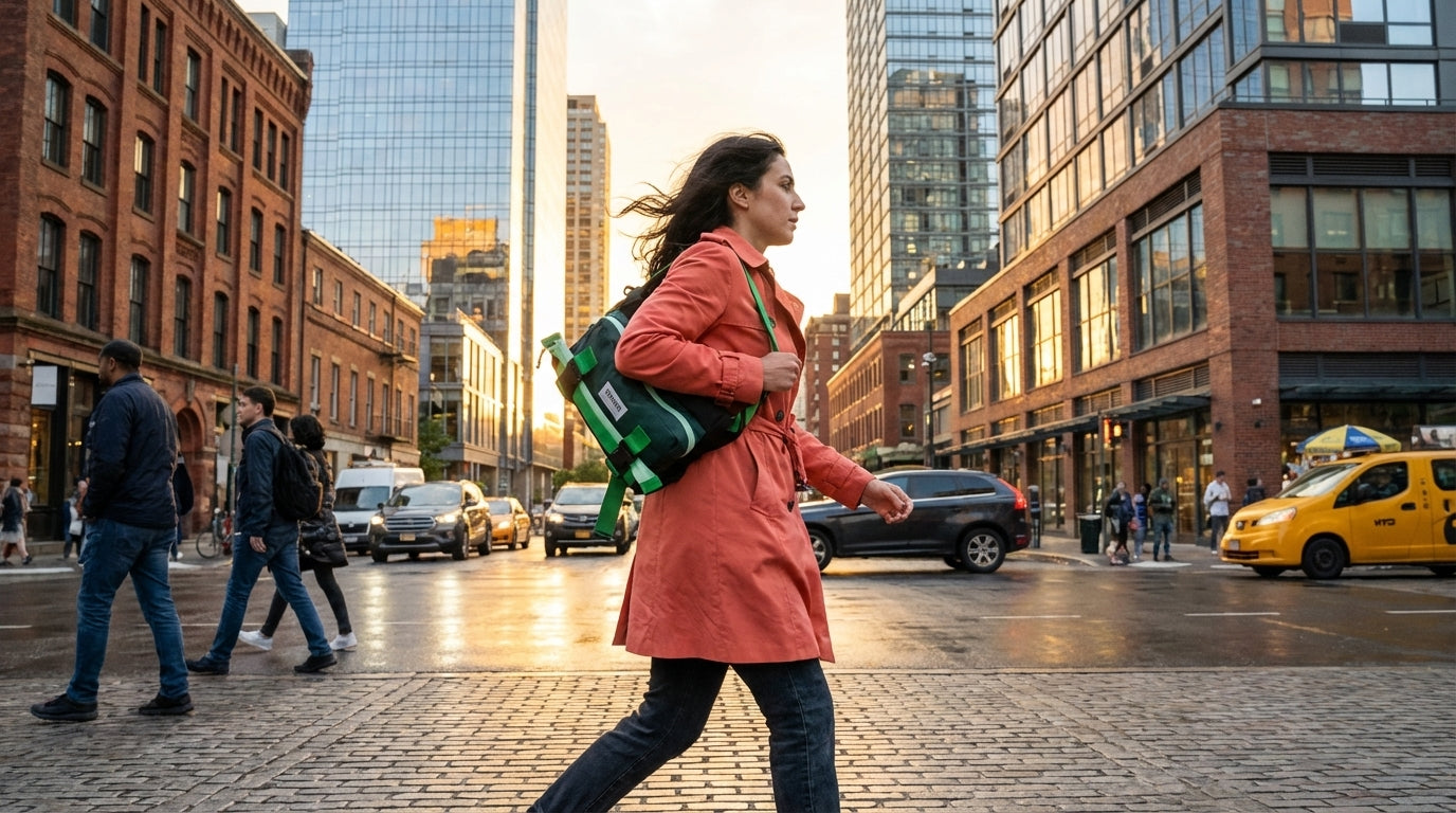 Woman on city street switching her Enganyo Convertible Bag from crossbody to backpack
