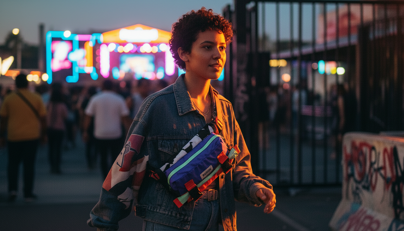 festival scene with person wearing the Enganyo convertible crossbody bag across the chest