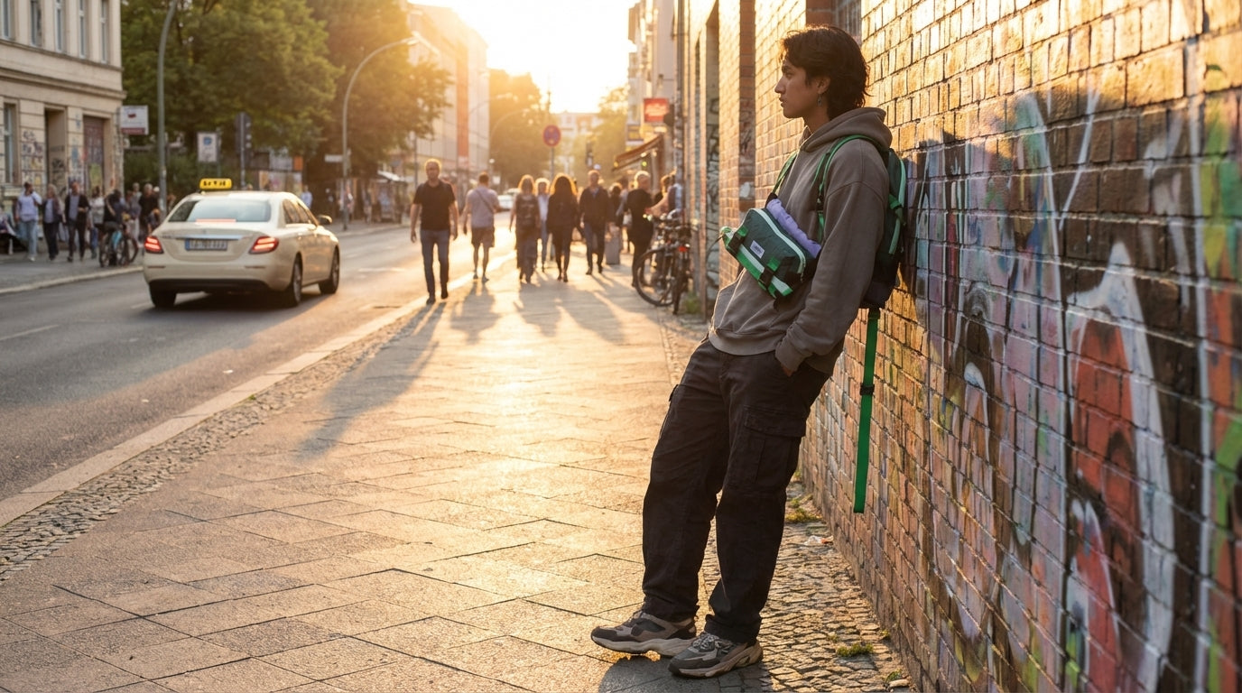 Man leaning against a graffiti wall with a brightly colored Enganyo convertible bag worn as a backpack, reflecting the sunset's golden hue