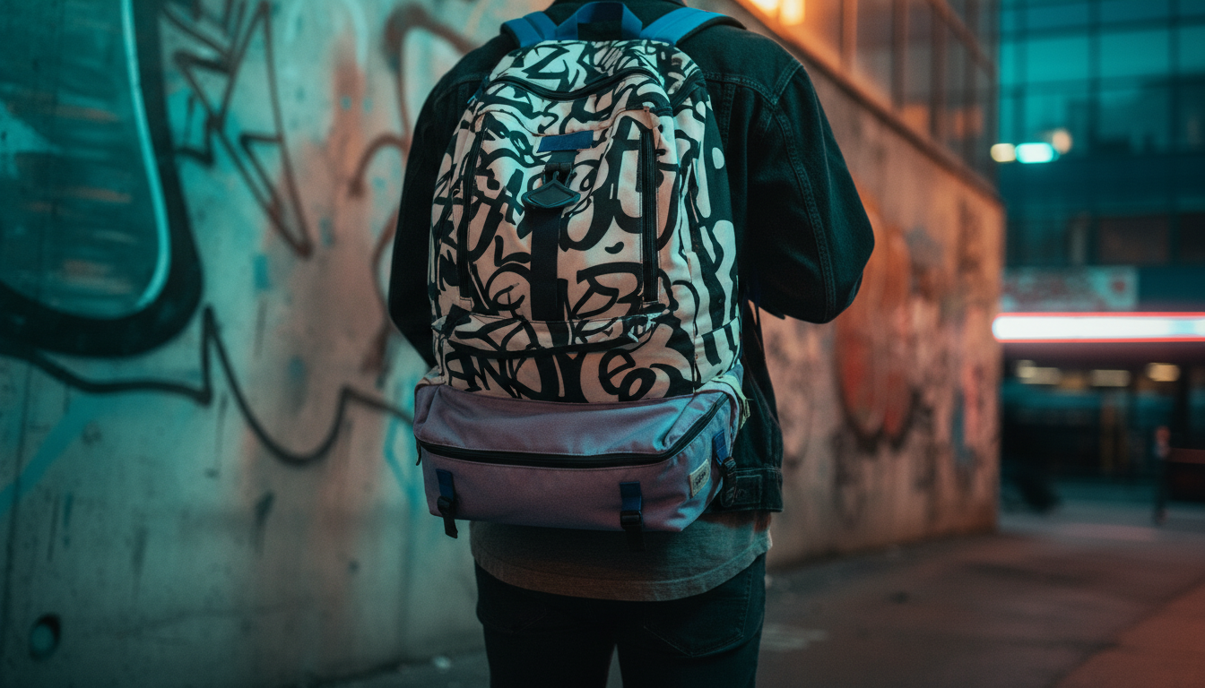 Urban commuter wearing the same bag as training images, shown as a compact backpack on city street