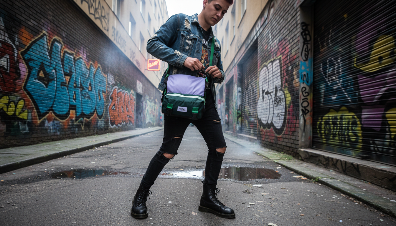 A person using an Enganyo convertible travel bag in an urban setting, showcasing its versatility.