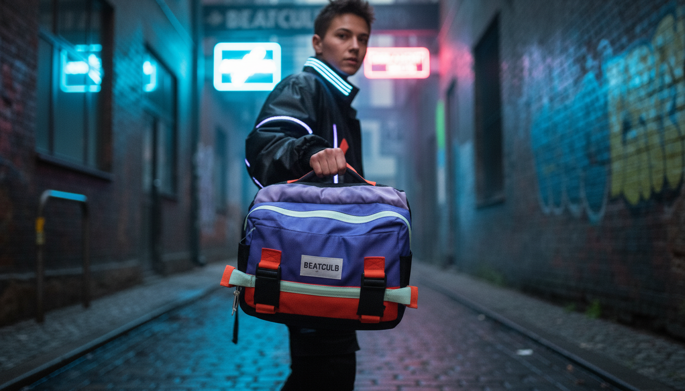 Person walking in urban alley wearing the Enganyo convertible bag as a small crossbody backpack