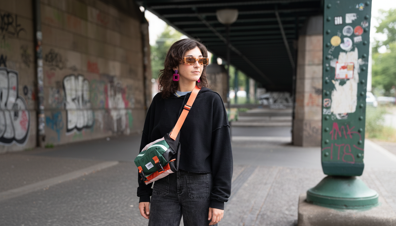 A person wearing a sling backpack in an urban environment, showcasing the bag's versatility.