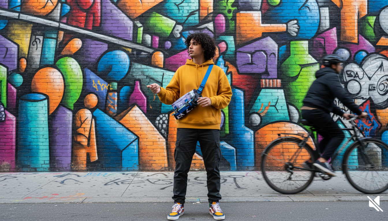 A person wearing a unisex crossbody bag in an urban setting with colorful street art.