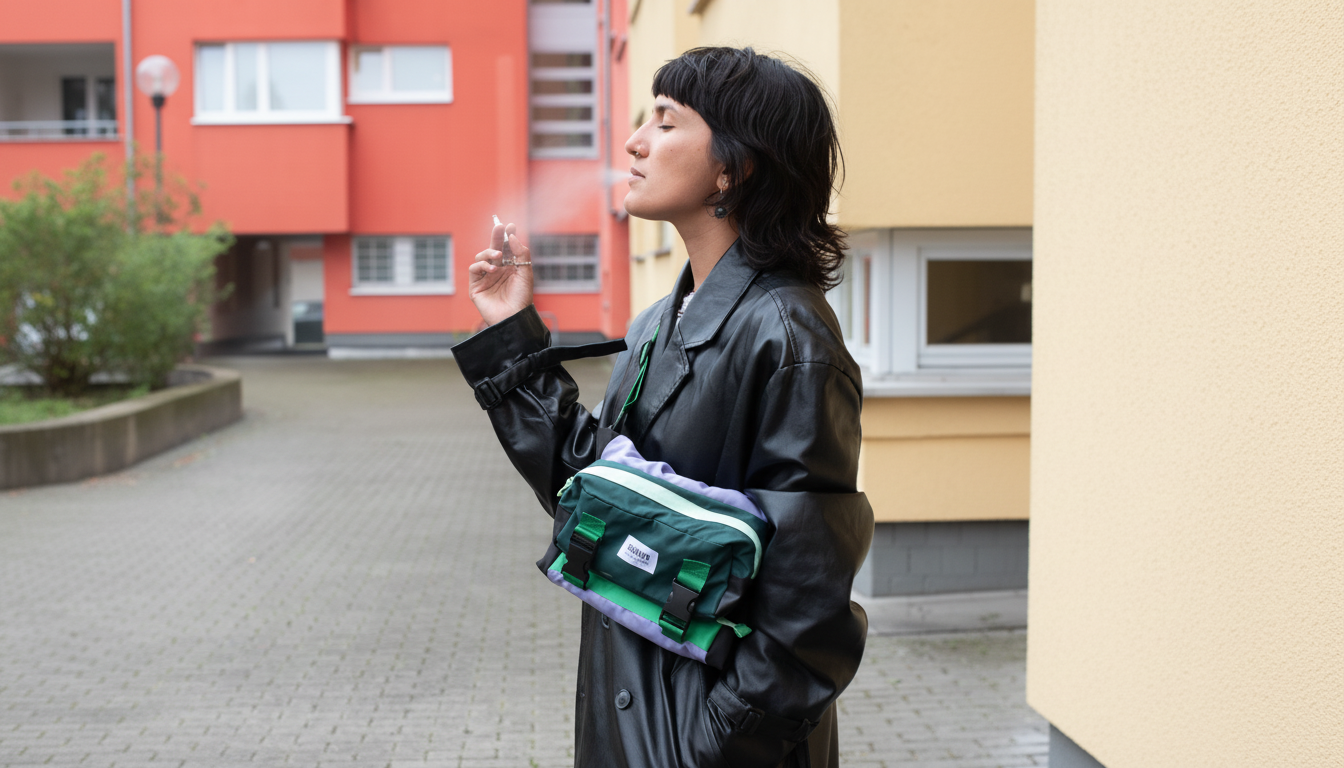 Stylish individual with a sling bag in an urban environment