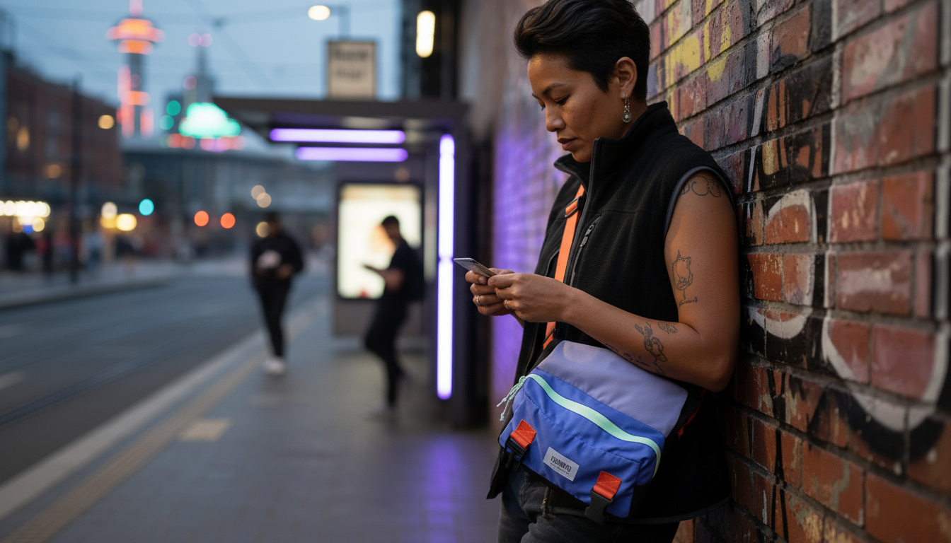 urban commuter wearing convertible crossbody backpack for laptop, cinematic street scene