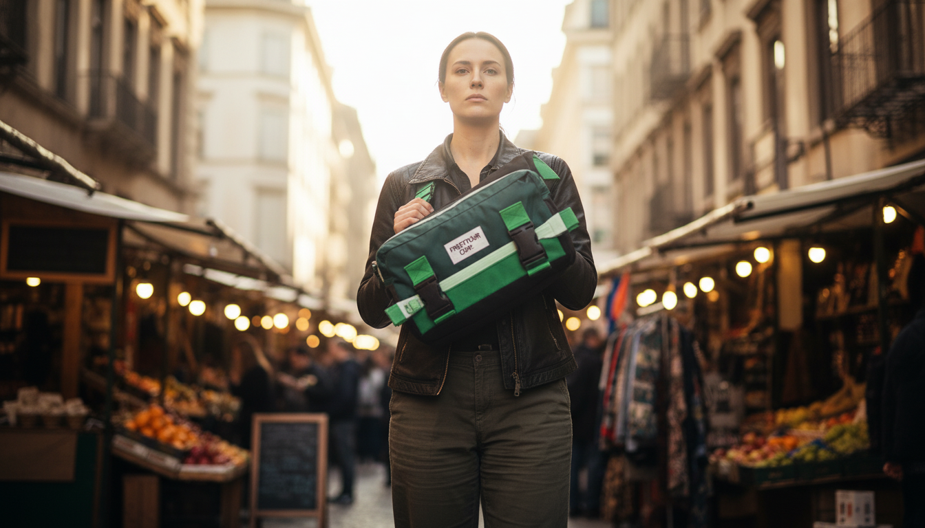 Person carrying vibrant Enganyo Convertible Bag on a busy market street