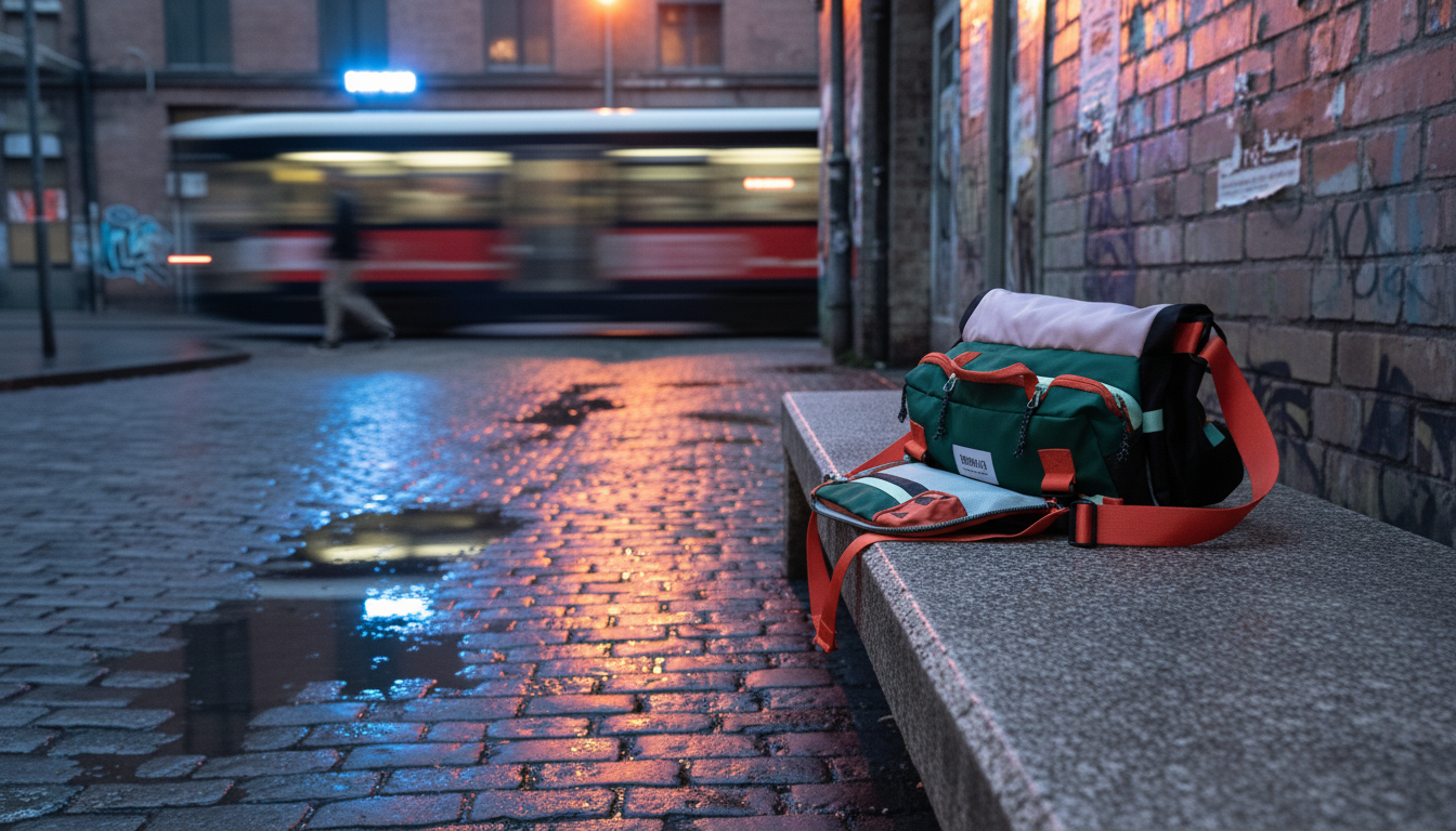 Convertible bag on a wet urban bench, neon reflections, straps showing crossbody and backpack modes