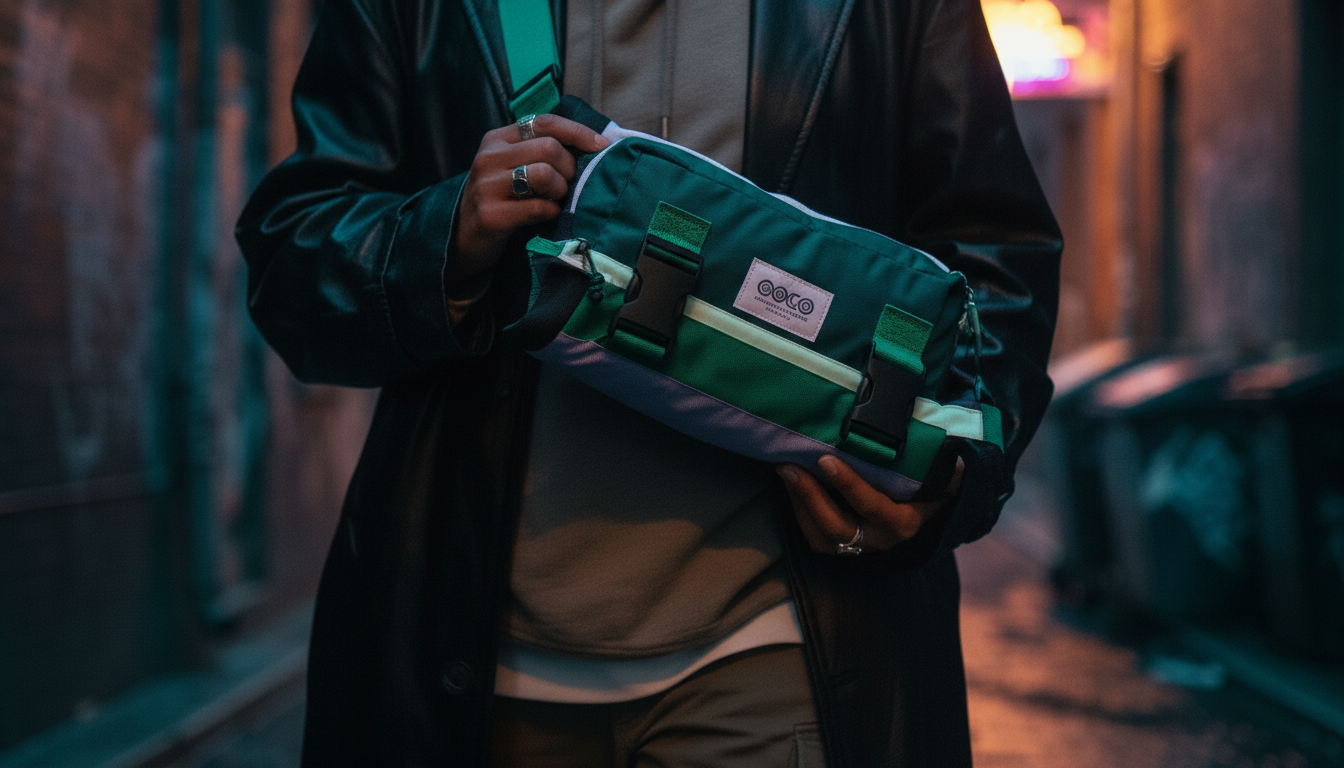 Person wearing a compact city sling bag crossbody in a neon wet urban street at dusk
