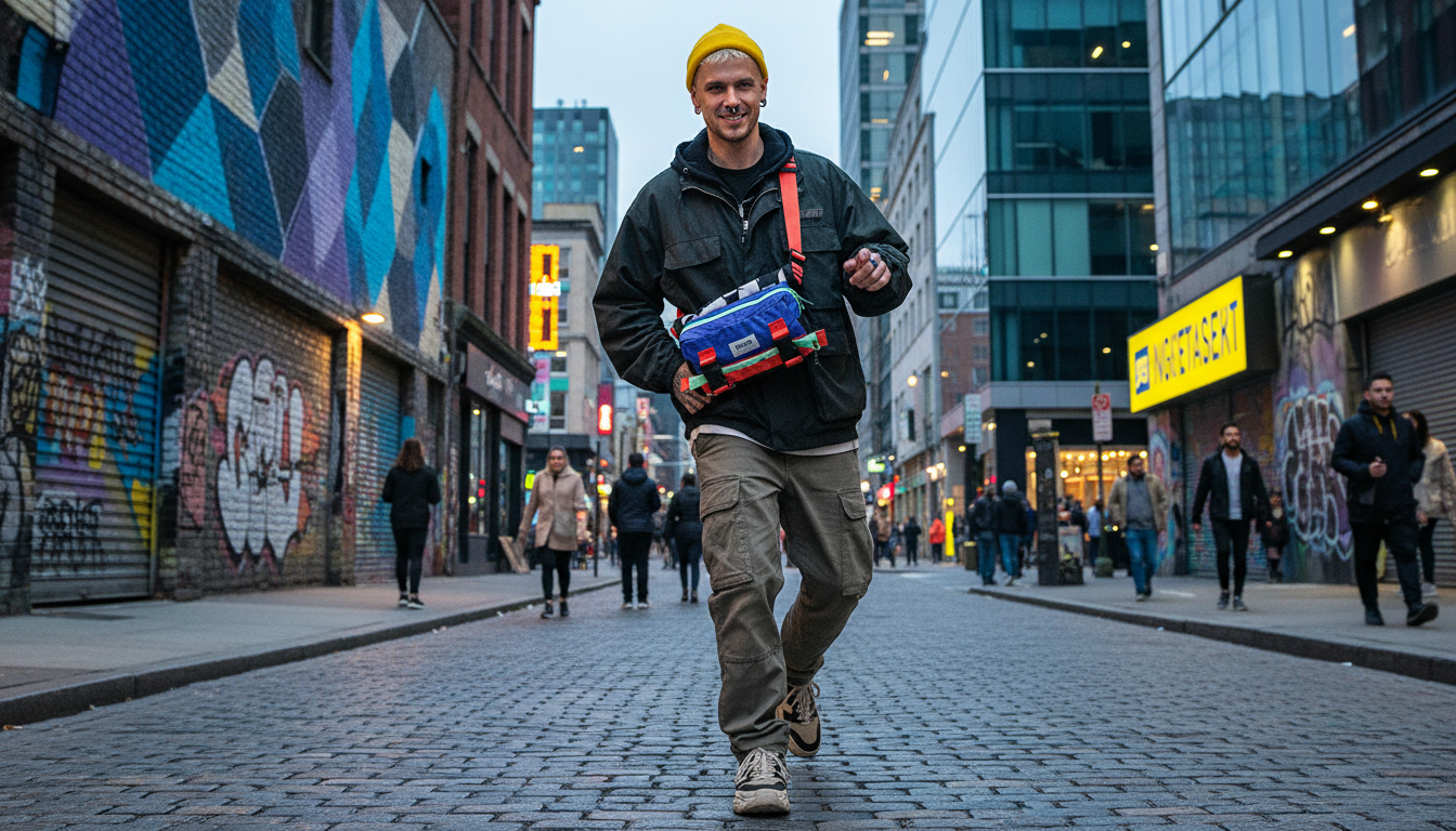 A stylish urban scene featuring a convertible bag worn in a street setting
