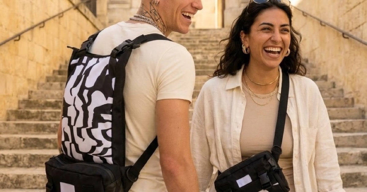 One bag as backpack, one bag as crossbody - showing the 2-in-1 convertible carry modes