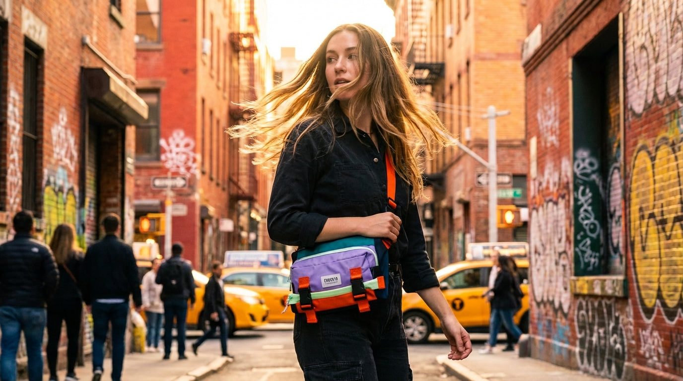 Young woman strolling through a lively city street with an Enganyo Convertible Bag in bold color