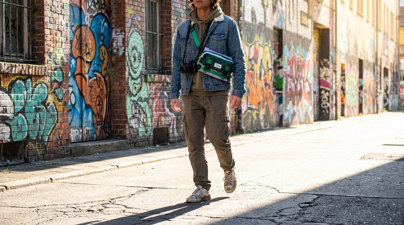 Urban explorer wearing an Enganyo Convertible Travel Bag on a colorful graffiti street