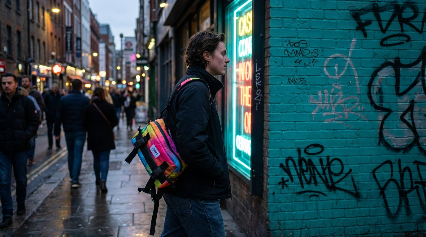 Person carrying a brightly colored Enganyo 2-in-1 bag in an urban setting