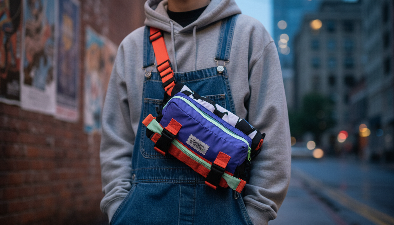 person walking in an urban scene carrying the same convertible bag seen in training images