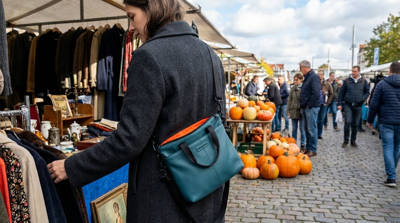 Woman in a bustling urban market scene, teal convertible bag on shoulder