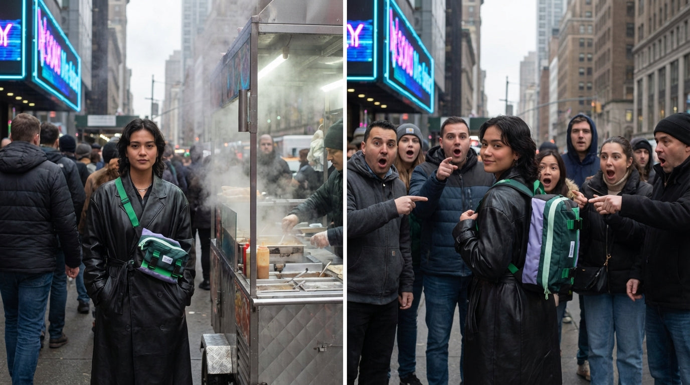 Woman in street changing her Enganyo Convertible Bag from crossbody to backpack