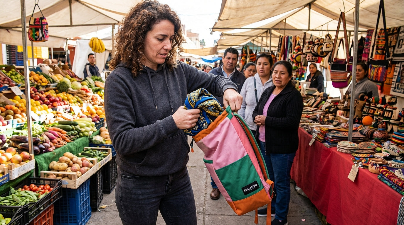 Woman with an Enganyo convertible bag shopping at a busy outdoor market