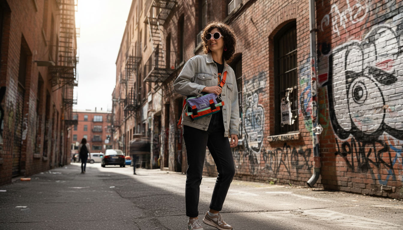 A stylish convertible bag in an urban environment, showcasing its versatility.