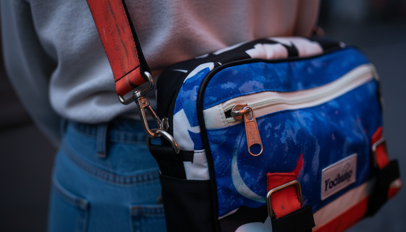 Person converting the Enganyo convertible bag from crossbody to backpack on a neon lit street