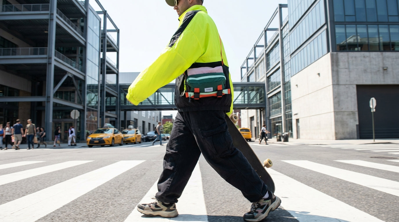 Model crossing the street in city scene while sporting a 2-in-1 Enganyo convertible bag.