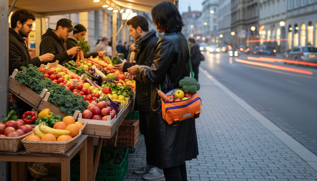 Person shopping fruits and vegetables with an open Enganyo convertible gym bag.