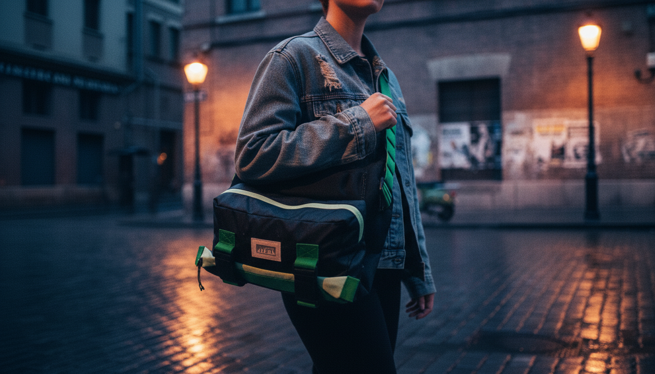 street photo of a convertible tote bag worn as a shoulder bag in a wet urban plaza