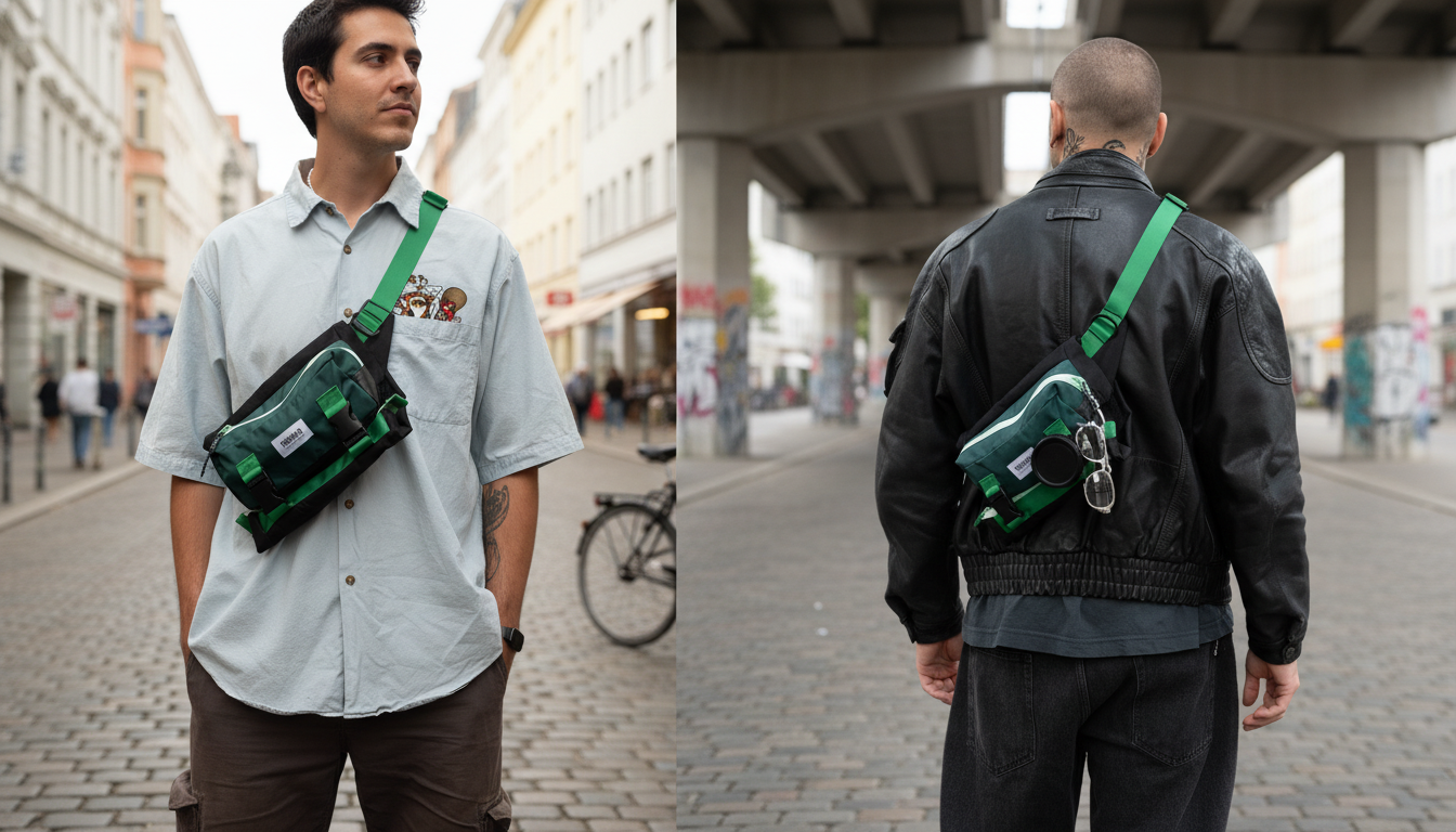 A person wearing a stylish crossbody bag in an urban setting.