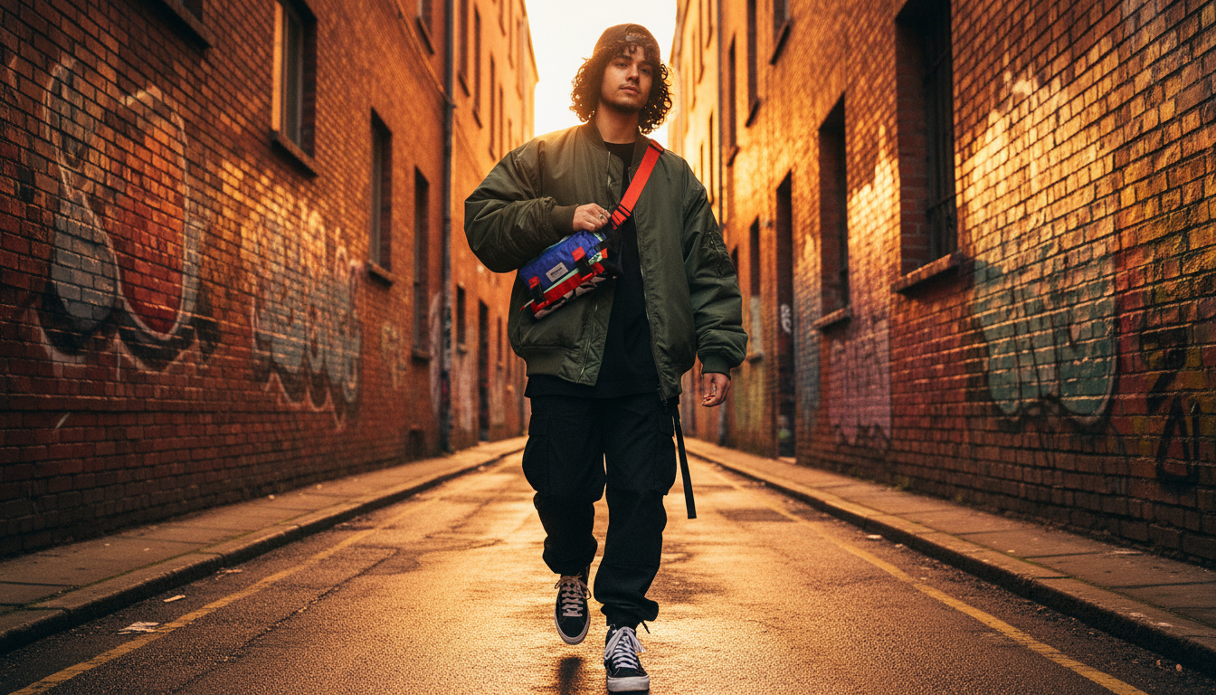 person wearing a compact convertible bag in a textured urban alley, streetwear styling and cinematic lighting