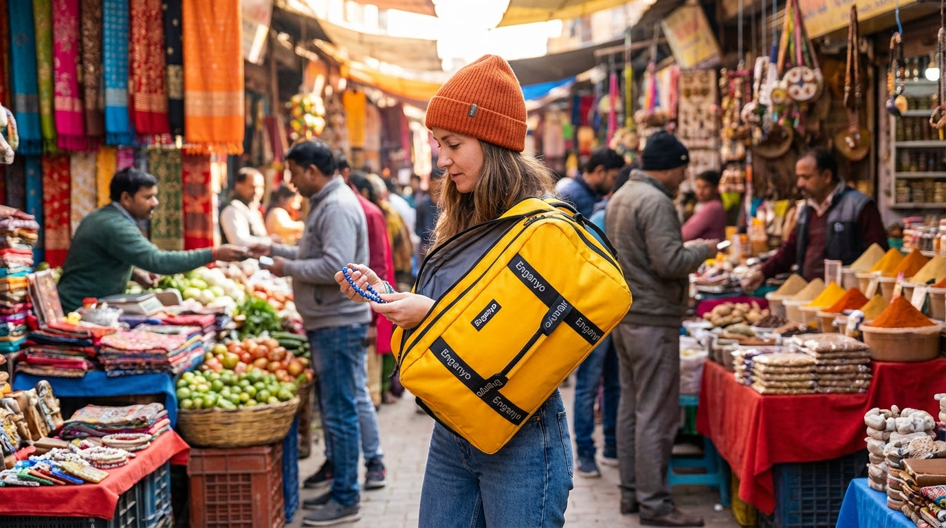 Woman wearing bright-yellow Enganyo convertible travel bag in a crowded market scene in her method of carrying an impromptu purchase.