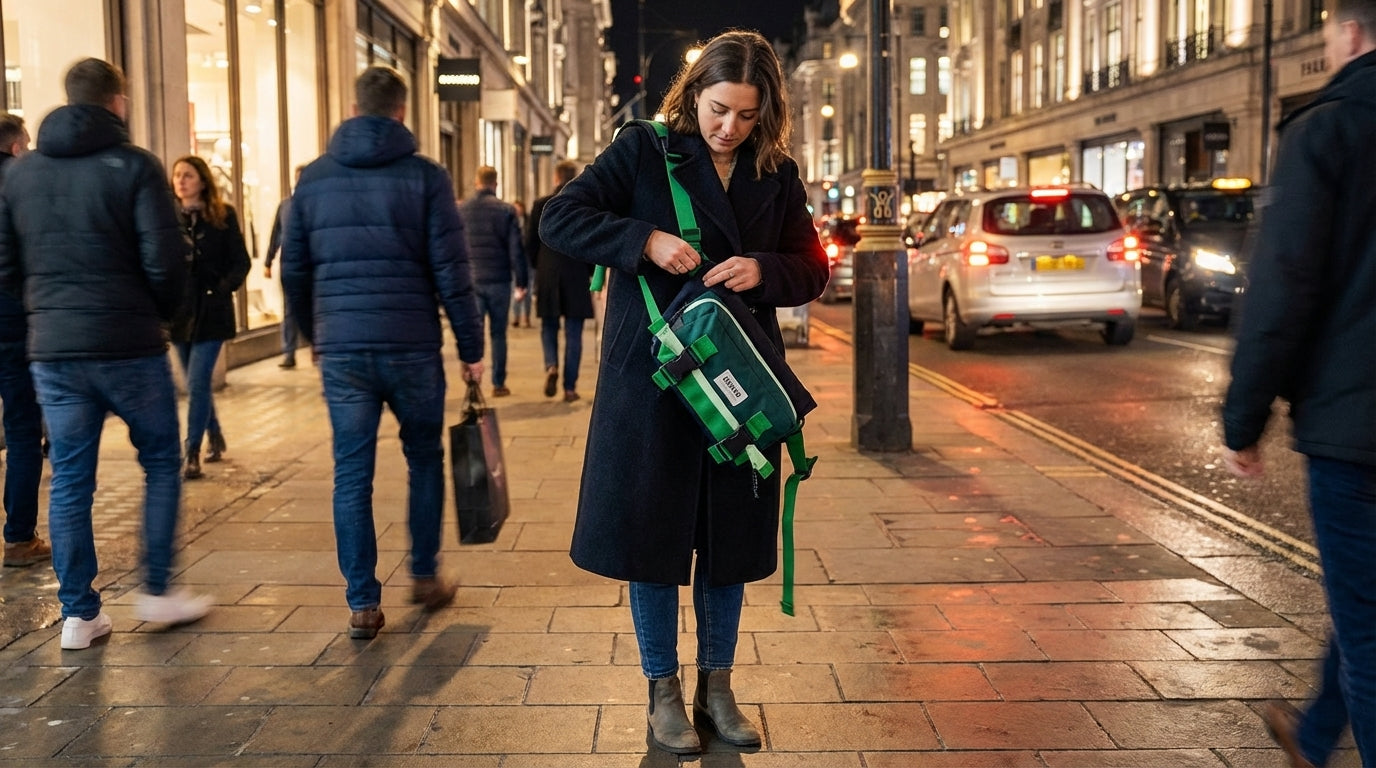 Woman in winter attire flipping her vibrant crossbody into a backpack on a lively city sidewalk at evening.