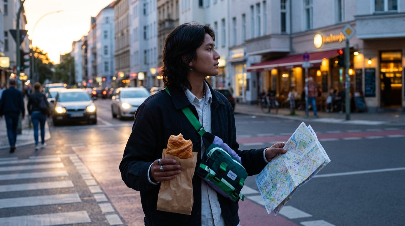 Person with a convertible bag crossing the city streets at dusk, ready for unplanned adventures.